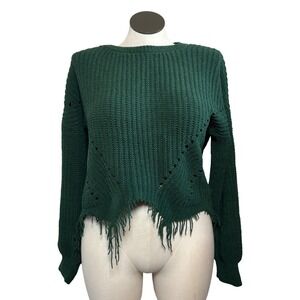 No Boundaries Womens XL Forest Green Distressed Frayed Hem Ribbed Knit Sweater